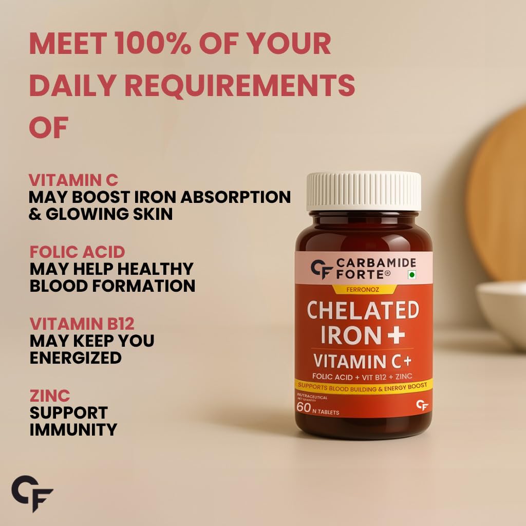Carbamide Forte Chelated Iron Supplement for Women and Men | Folic Acid Tablets for Pregnancy | Hemoglobin Booster | 60 Veg Tablets for Hair Growth with Iron Bisglycinate