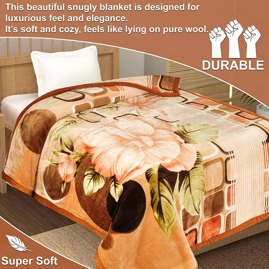 Homekart Super Soft Cloudy Printed Single Bed Blanket for Heavy Winter Single Ply Mink Blanket King Size TC - 400 Beige Brown & Green