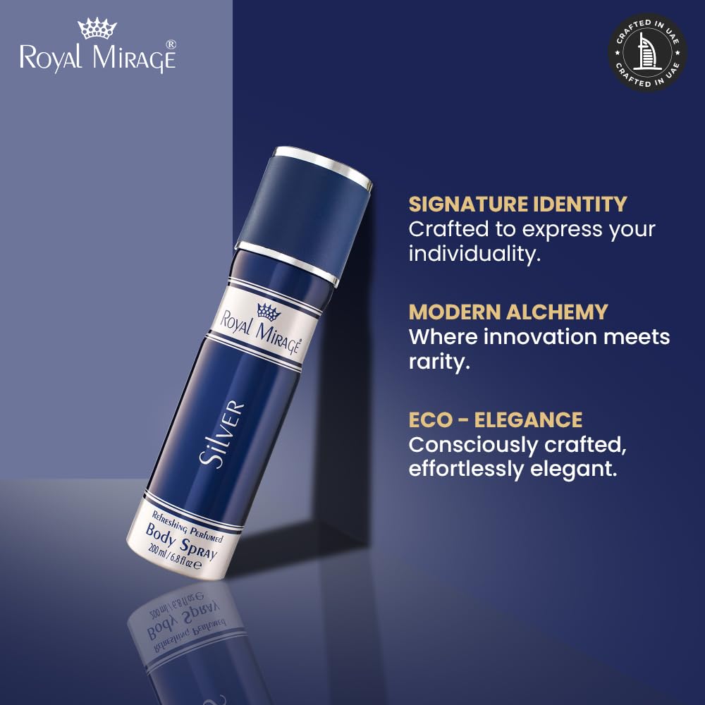 Royal Mirage Silver Body Spray | All-Day Freshness | Unisex Perfume | Timeless Sophistication | Long-Lasting Fragrance | Citrus, Floral & Woody Notes | Affordable Luxury | 200ml