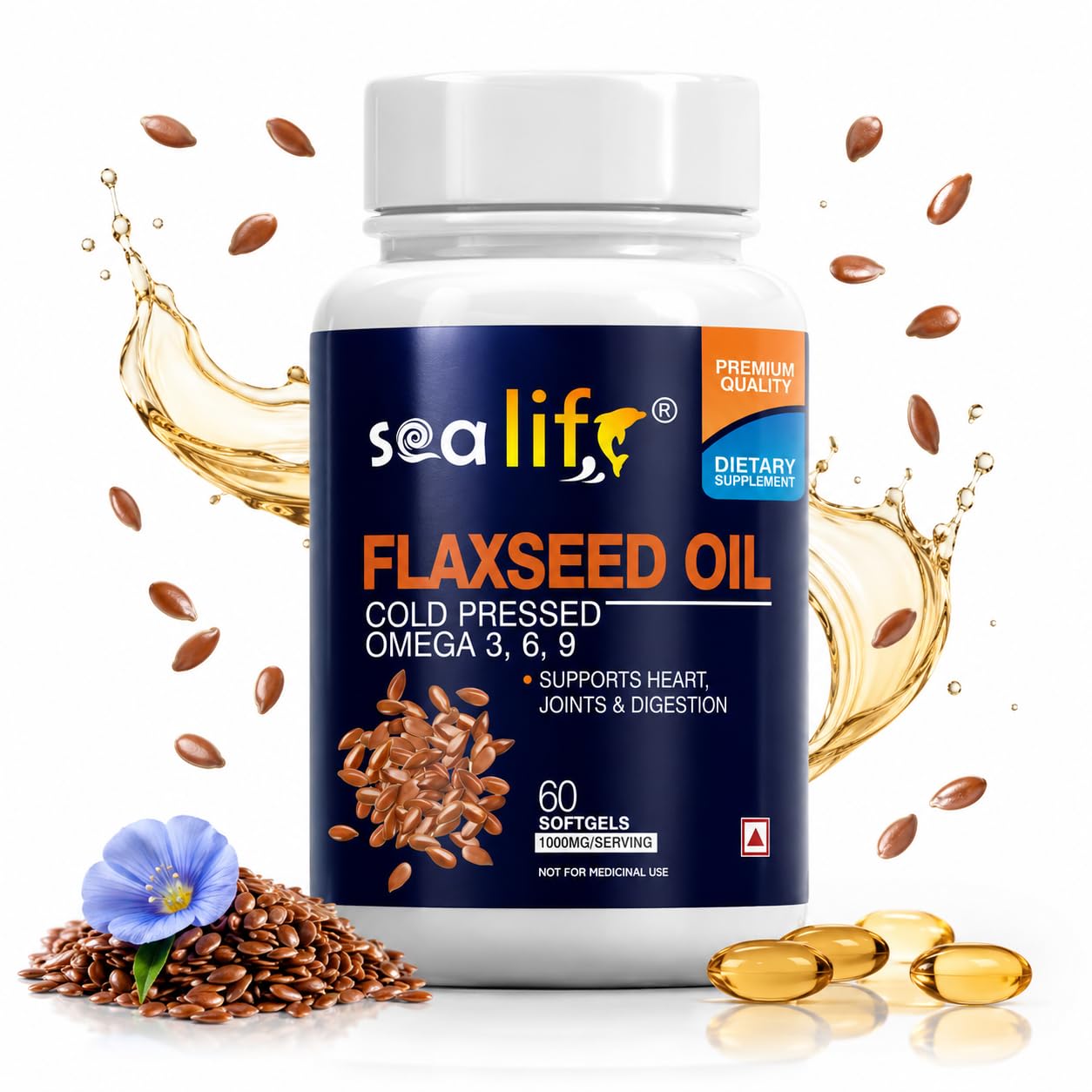 Sea Life Flaxseed Oil 1000 Mg Softgel Capsules | Omega 3,6,9 fatty acid | Supports Healthy Heart, Joints, Skin, Brain & Eyes | For Men & Women (60 Softgels Capsules) Pack of-1