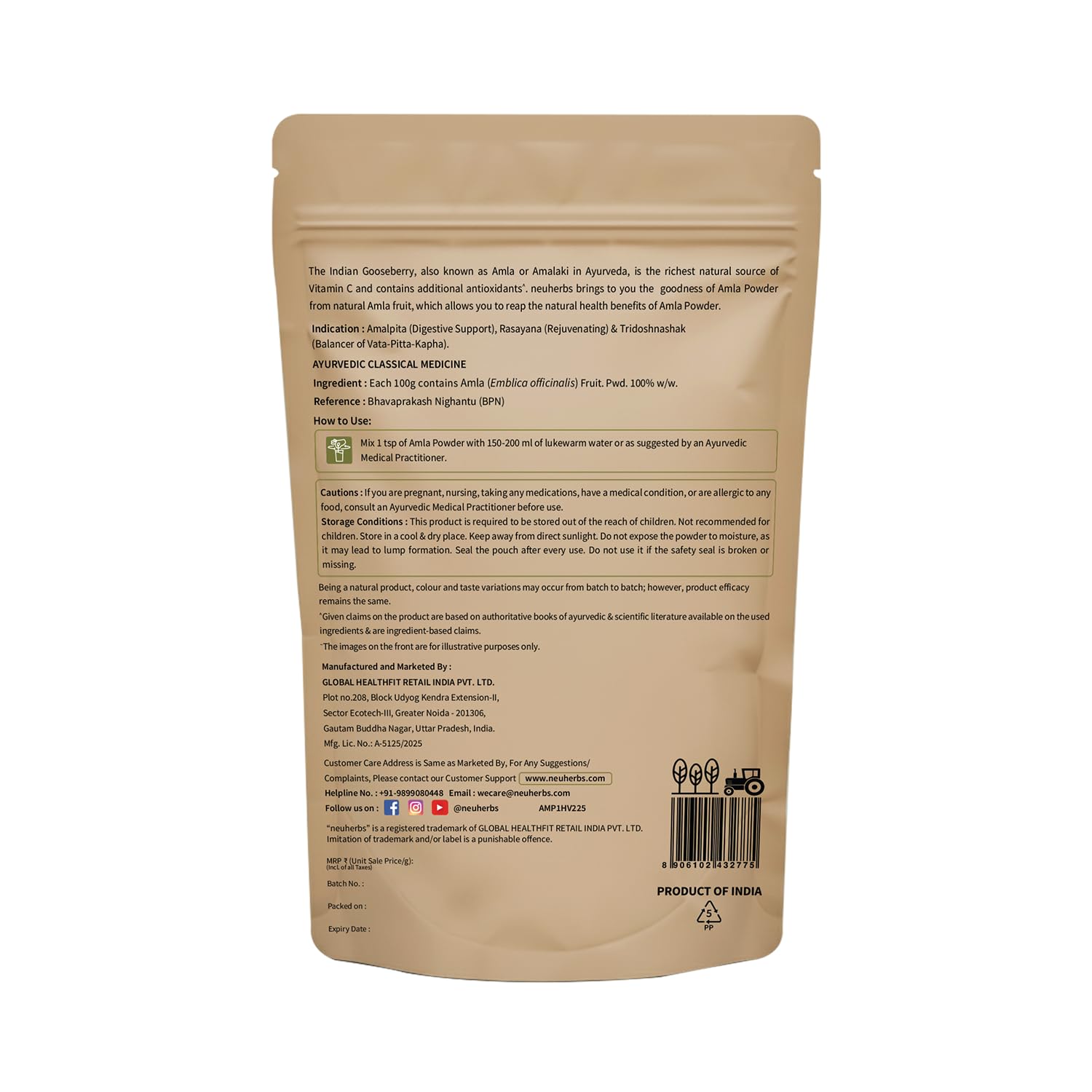 Neuherbs Amla Powder For Hair Growth & Glowing Skin - 100g | Gooseberry Fruit Powder For Hair, Eating, Drinking | 100% Pure & Natural With No Added Preservatives