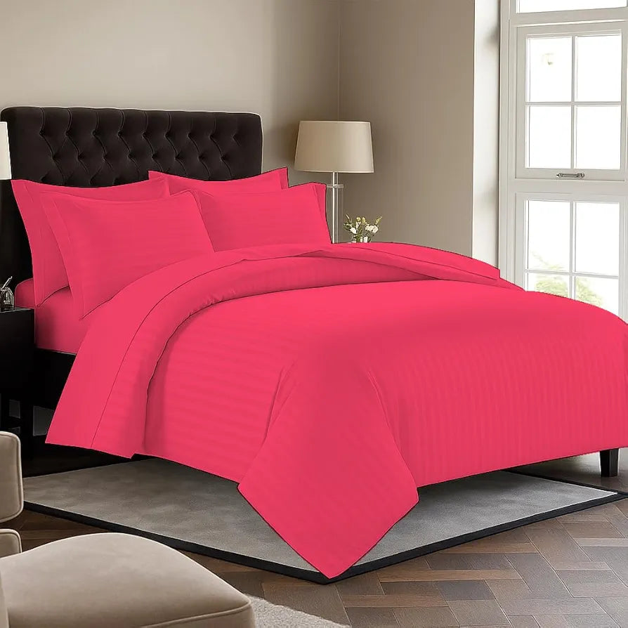 Trance Home Linen Zippered 100% Cotton 200TC Satin Stripe King Size Duvet Cover Quilt Cover Blanket Cover Razai Comforter Cover with 2 Pillow Covers Colour Dark Pink