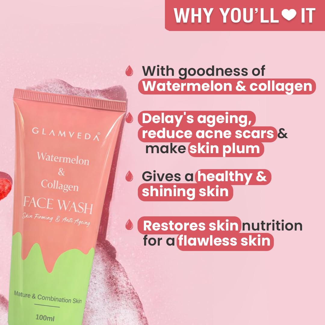 Glamveda Watermelon & Collagen Face Wash | Anti Ageing Face Wash For Glowing Skin, Reduces Fine Lines, Wrinkles & Skin Dullness, Removes Excess Oil & Dirt | All Skin Types |For Women & Men| 100ml