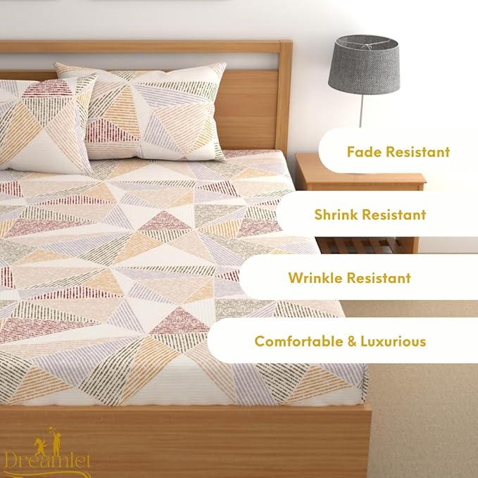 Dreamlet All Around Elastic Supersoft 210tc Premium Cotton Elastic Fitted Bedsheets With 2 King Size Pillow Covers | Beige and Yellow