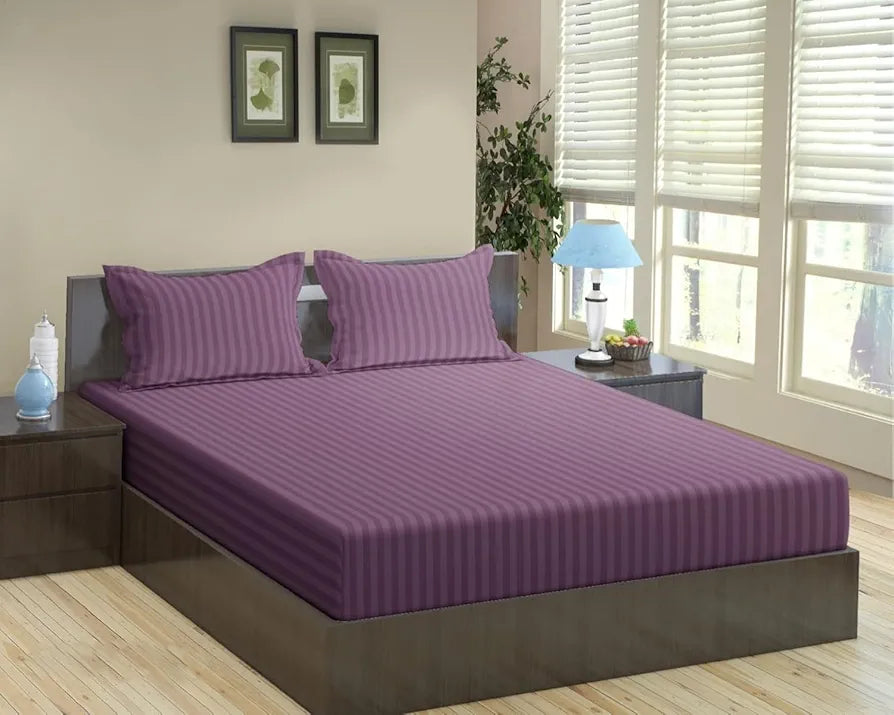 Trance Home Linen 100% Cotton 78x72 inch King Fitted 200TC Satin Stripe Elastic Fitted Bedsheet with 2 Pillow Covers Colour Plum