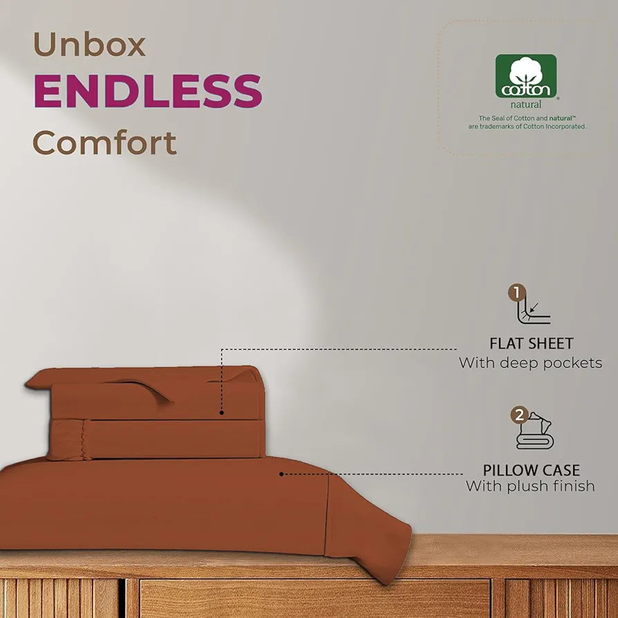 Trance Home Linen 100% Cotton 78 x 60 inch Queen Elastic Fitted Bedsheet 400TC Premium Queen Double Bed Size with 2 Pillow Covers Colour Burnt Orange