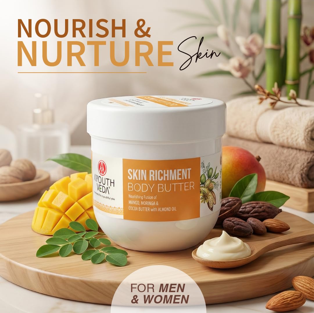 Ayouthveda Skin Richment Body Butter |Rich Blend of Cocoa Moringa & Mango Butter With Almond Oil |All Day Non Sticky Moisturizer for Daily Use For Both Men & Women(Pack of 1-200g)