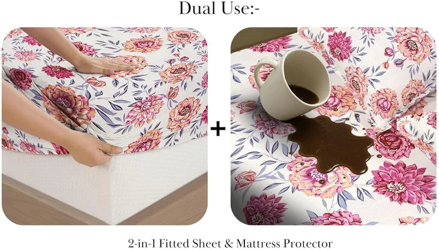 Homekart Waterproof Fitted Bedsheet for King Leakproof Noiseless Skin-Friendly Elastic Bed Sheet with 2 Pillow Covers Pink & White