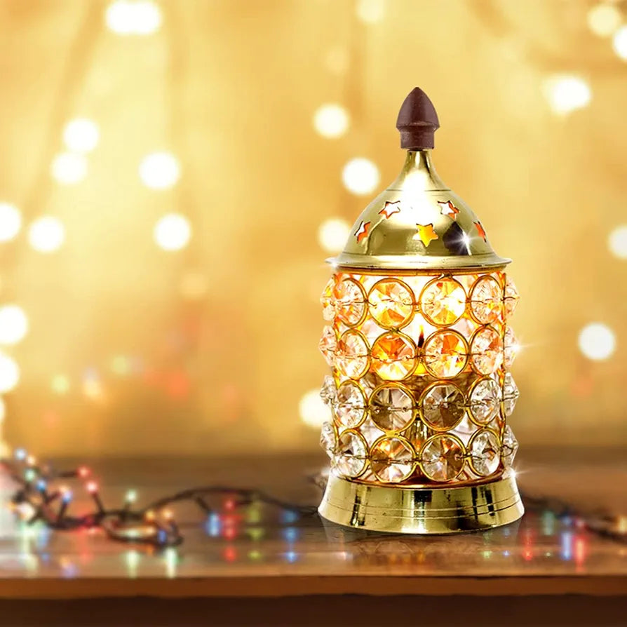 Shubhkart Nitya Crystal Deep Small Decorative Brass Crystal Oil Lamp Lantern Deep Jyot Diwali Tea Light Holder 180Gm