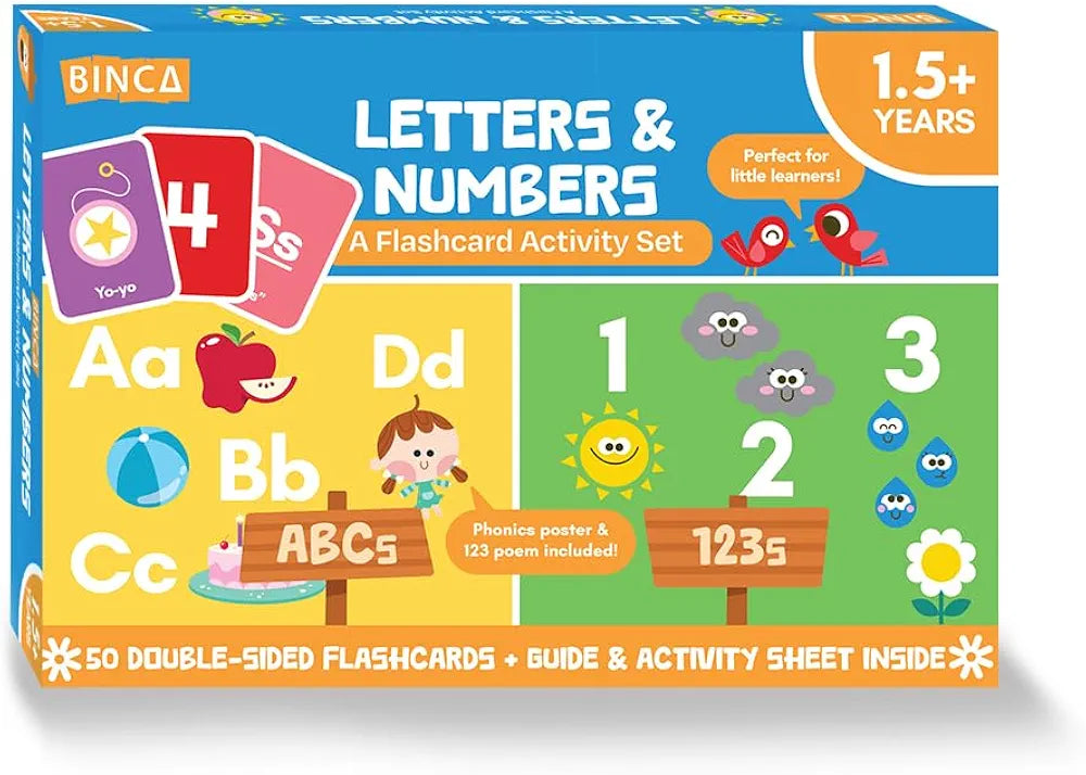 Binca Flash Cards for Toddlers - Letters & Numbers, 50 Thick Double-Sided Premium Cards with Phonics & Counting, Learning Tool for Preschoolers, Early Learning Toy, Gifts for Kids Ages 1, 2, 3 Years
