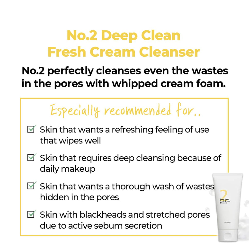 numbuzin No.2 Deep Clean Fresh Cream Cleanser, 4.05oz/ 120ml | Whipped cream foam, Deep Pore Cleansing, Natural cleaning ingredient, Moisturizing