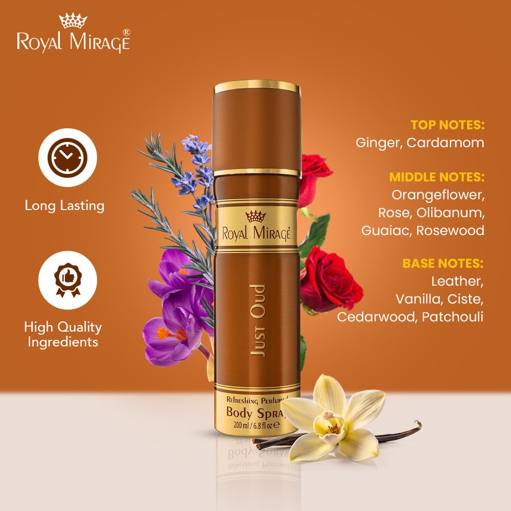 Royal Mirage Just Oud Body Spray | Long-Lasting Unisex Perfume | Oud, Rose & Leather Notes | Long-Lasting Luxury Fragrance | Exotic & Captivating Scent | Gift for Man and Woman | 200ml