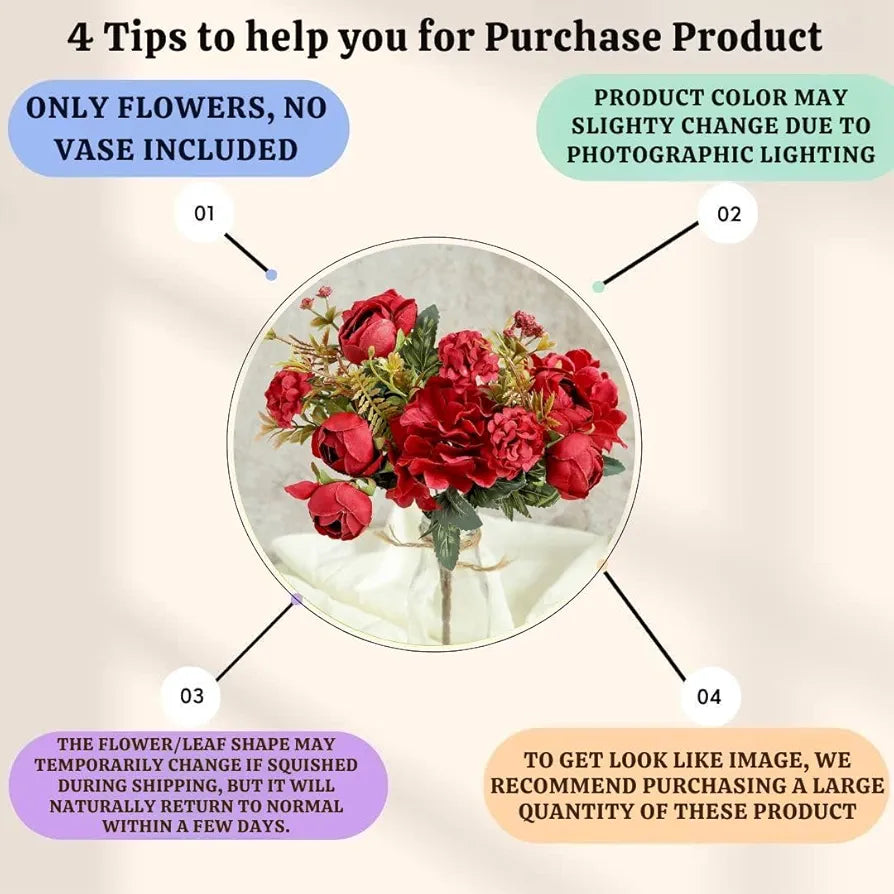 Artificial Head Rose Peony Fake Flowers Sticks Bunch Red