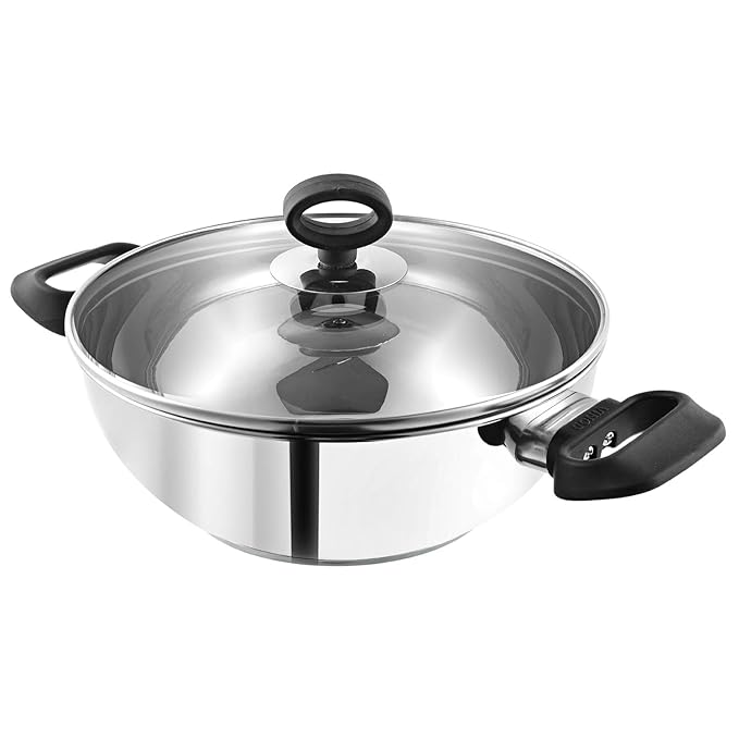 Vinod Stainless Steel Deluxe Kadhai with Glass Lid - 3.8 Litre, 26cm | Extra Thick, SAS Bottom | Soft Handle | Kadai for Cooking