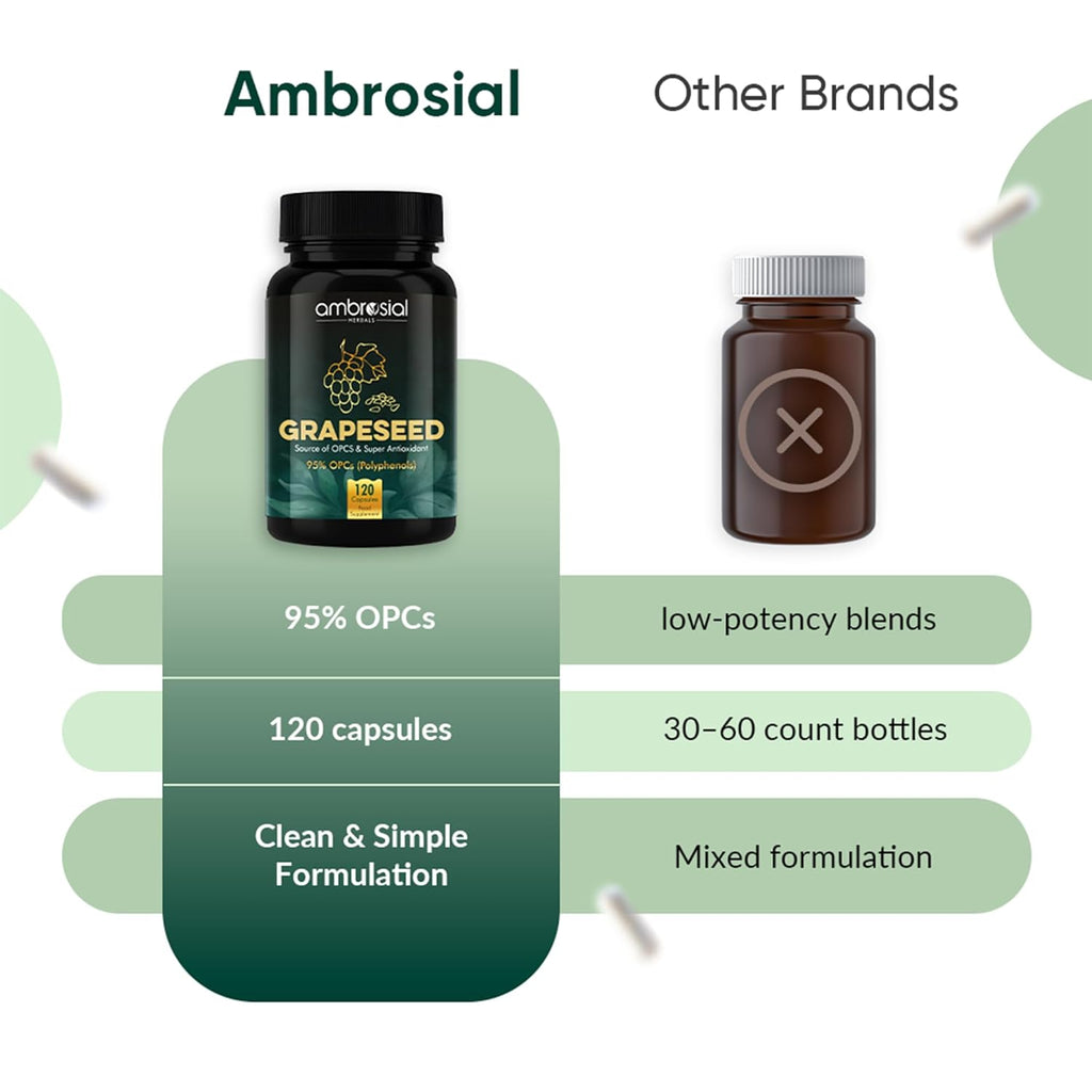 Ambrosial Grape Seed Extract Capsules | 95% OPCs Polyphenols | High Strength Grape Seed Supplement | Strong Antioxidant | Pack of 1-120 Vegan Capsules
