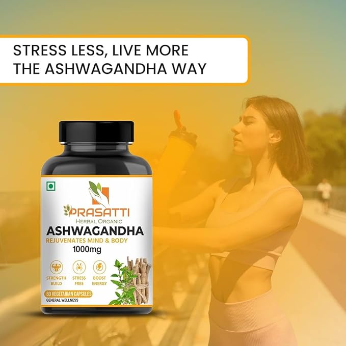 Prasatti Herbal Organic Plant Based Ashwagandha Supplements 1000mg With Ashwagandha Roots Extract - 60 Veg Capsules