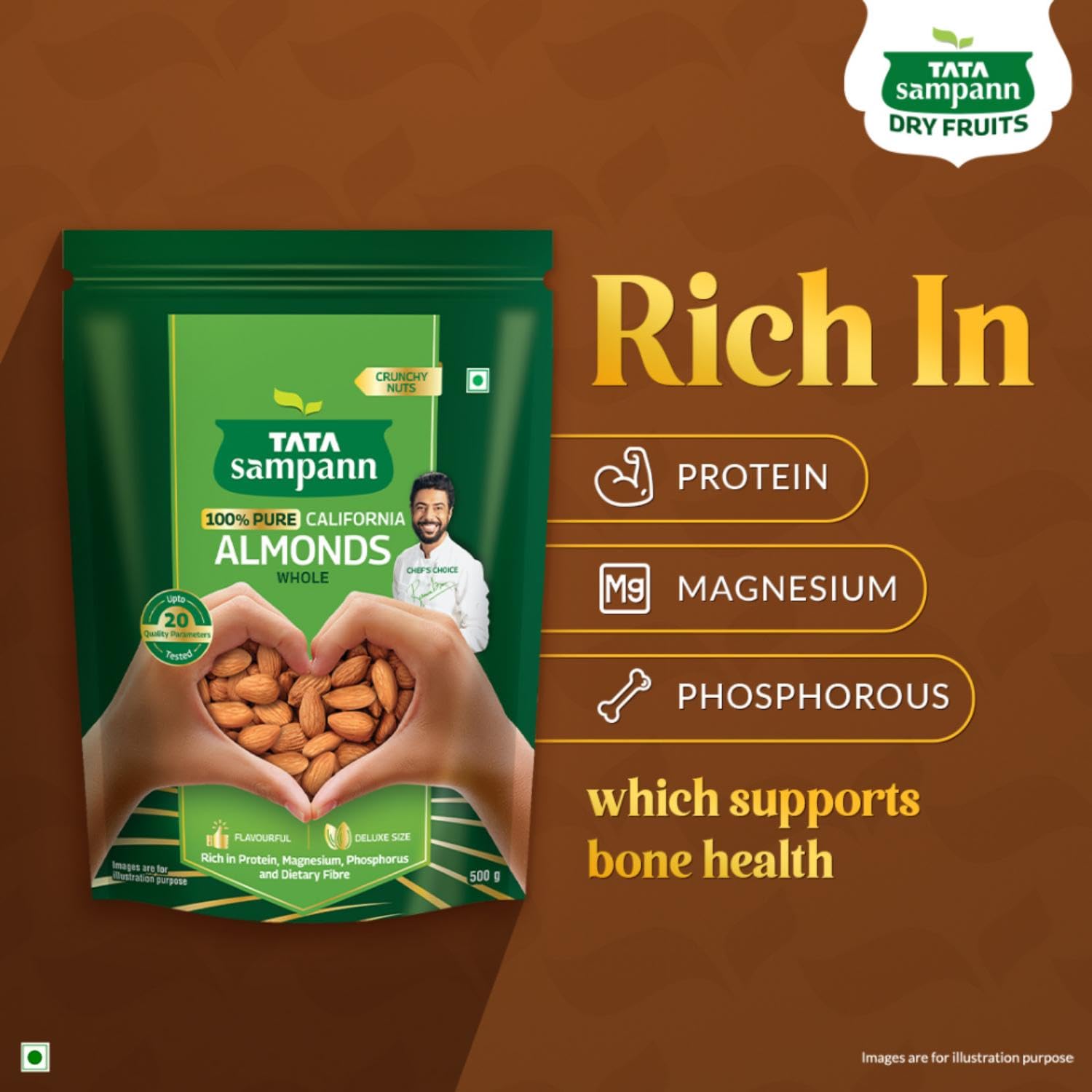 Tata Sampann Pure California Almonds/Badam Whole, 500g, Real Nuts, High in Fiber, Badam Giri, Rich in Protein, Magnesium, Phosphorus and Dietary Fibre, Nuts & Dry Fruits