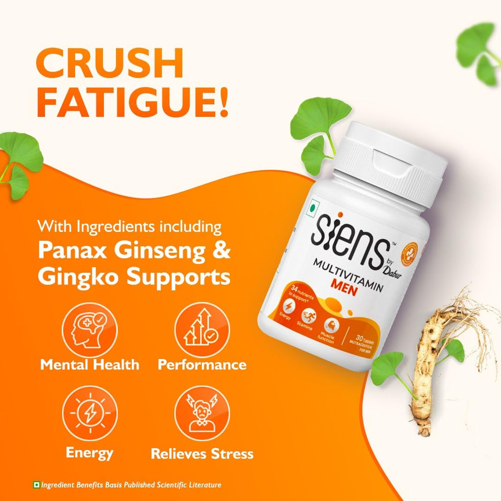Siens By Dabur Multivitamin for Men-30 tablets | Enriched with 34 nutrients to Support Overall Health, Energy, Stamina & Muscle Function