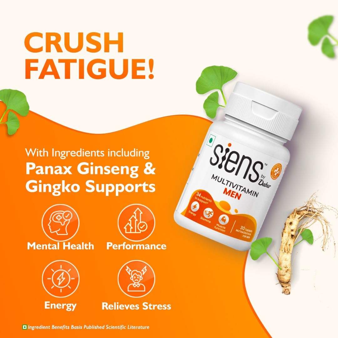 Siens By Dabur Multivitamin for Men-30 tablets | Enriched with 34 nutrients to Support Overall Health, Energy, Stamina & Muscle Function