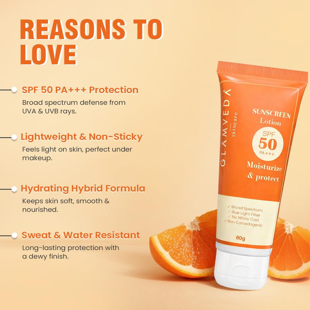 Glamveda Hybrid Sunscreen Lotion SPF 50 PA+++ | 60g | Transparent & Ultra-lightweight Sunscreen | Non-Greasy, Quick-Absorbing | Zero White Cast, All Skin Types | for Men & Women