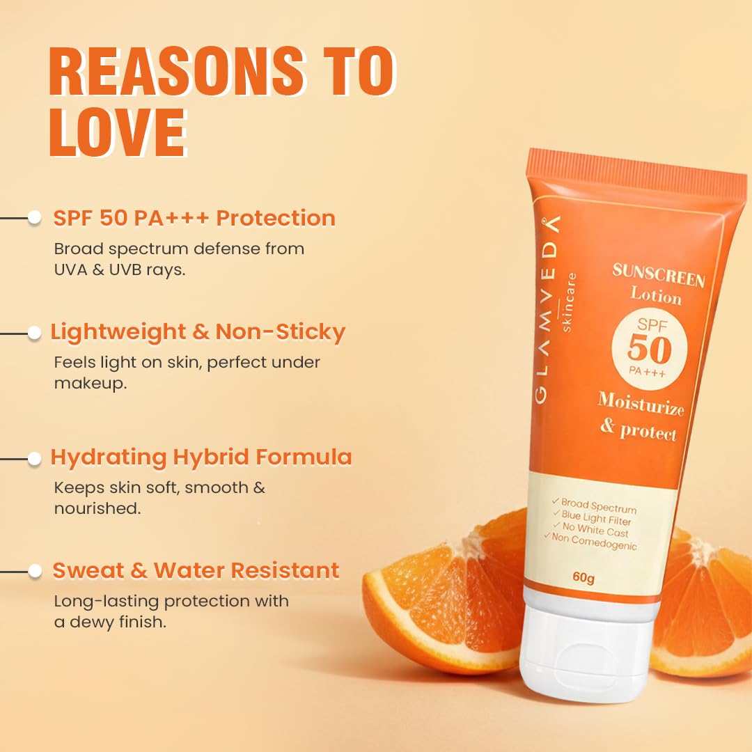 Glamveda Hybrid Sunscreen Lotion SPF 50 PA+++ | 60g | Transparent & Ultra-lightweight Sunscreen | Non-Greasy, Quick-Absorbing | Zero White Cast, All Skin Types | for Men & Women
