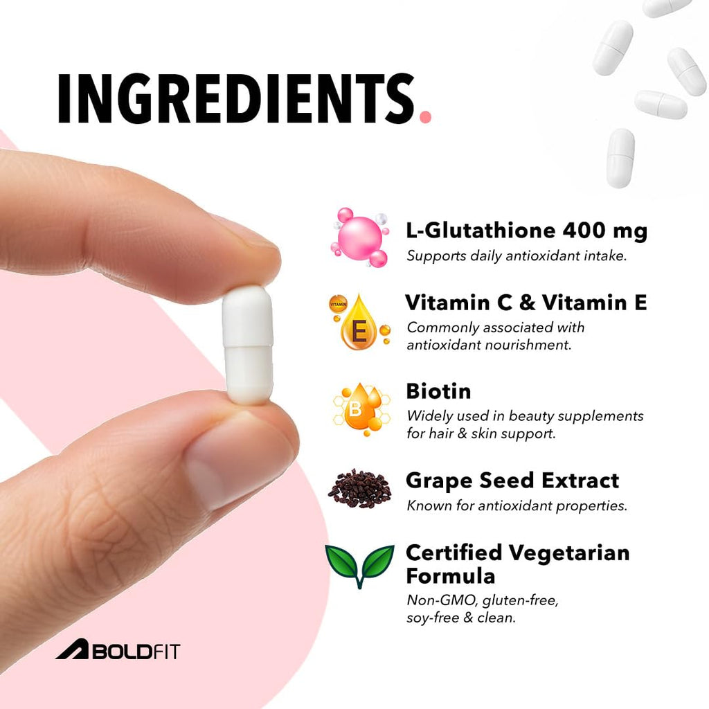 Boldfit Glutathione 400mg with Vitamin C & E, Biotin, Grape Seed Extract L-Glutathione Supplement for Women & Men for Skin Care, Immunity & Liver Detox â€“ 30 Capsules