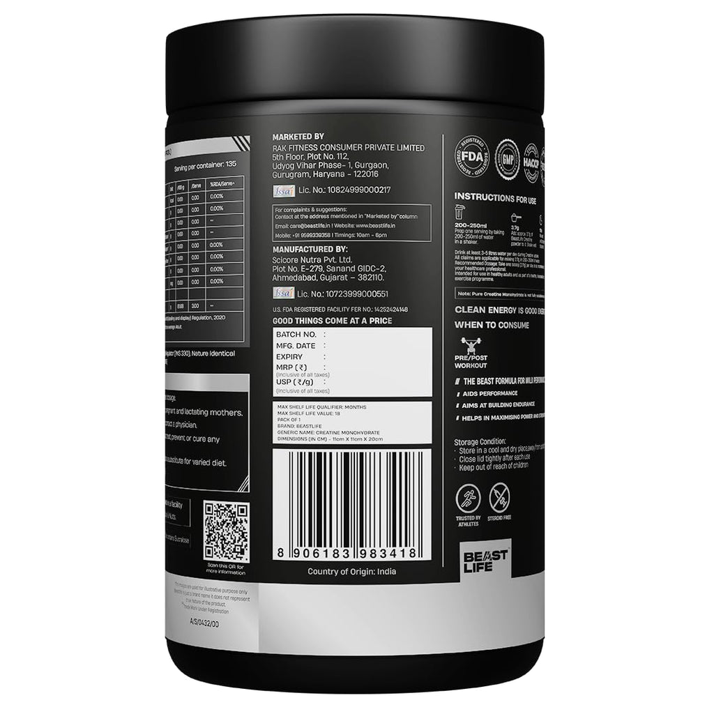 BEASTLIFE Super Micronized Creatine Monohydrate Powder 500g | 135 Servings Shikanji Flavor | NABL Lab Tested | Premium Sports Nutrition for Strength & Performance