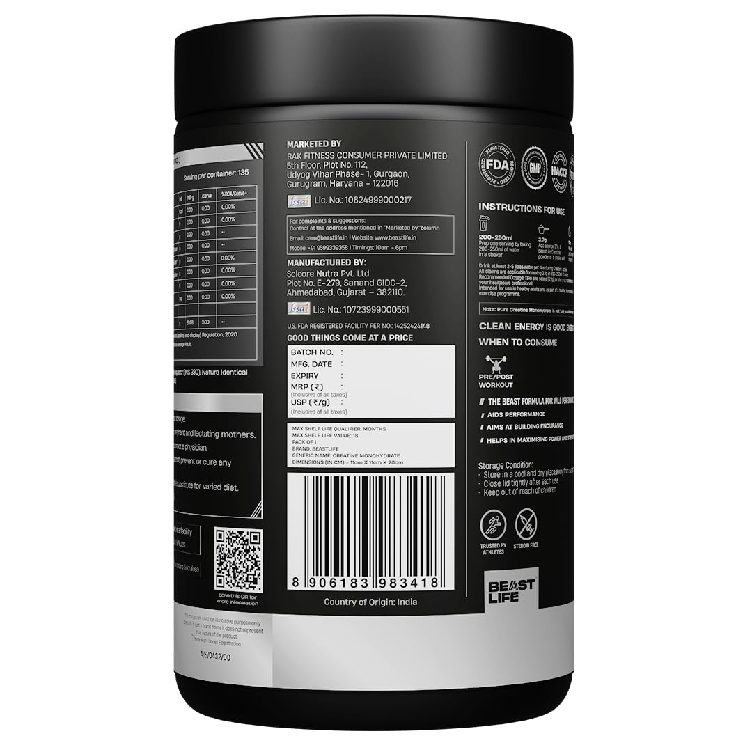 BEASTLIFE Super Micronized Creatine Monohydrate Powder 500g | 135 Servings Shikanji Flavor | NABL Lab Tested | Premium Sports Nutrition for Strength & Performance