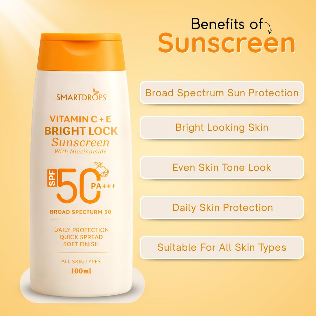 Smartdrops Vitamin C + E Sunscreen SPF 50 PA+++ With Niacinamide Daily Use Face & Body Sun Protection Lotion Soft Finish Quick Spread Formula For All Skin Types 100ml (Pack-1)