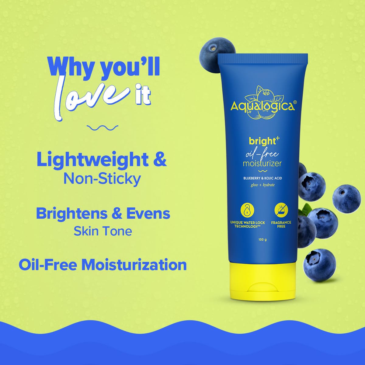 Aqualogica Bright+ Oil-Free Moisturizer with Blueberry & Kojic Acid (100g) Lightweight & Non-Sticky | Brightens & Evens Skin Tone | Fades Dark Spots & Pigmentation | Deeply Hydrates| For All Skin Types | For Men & Women