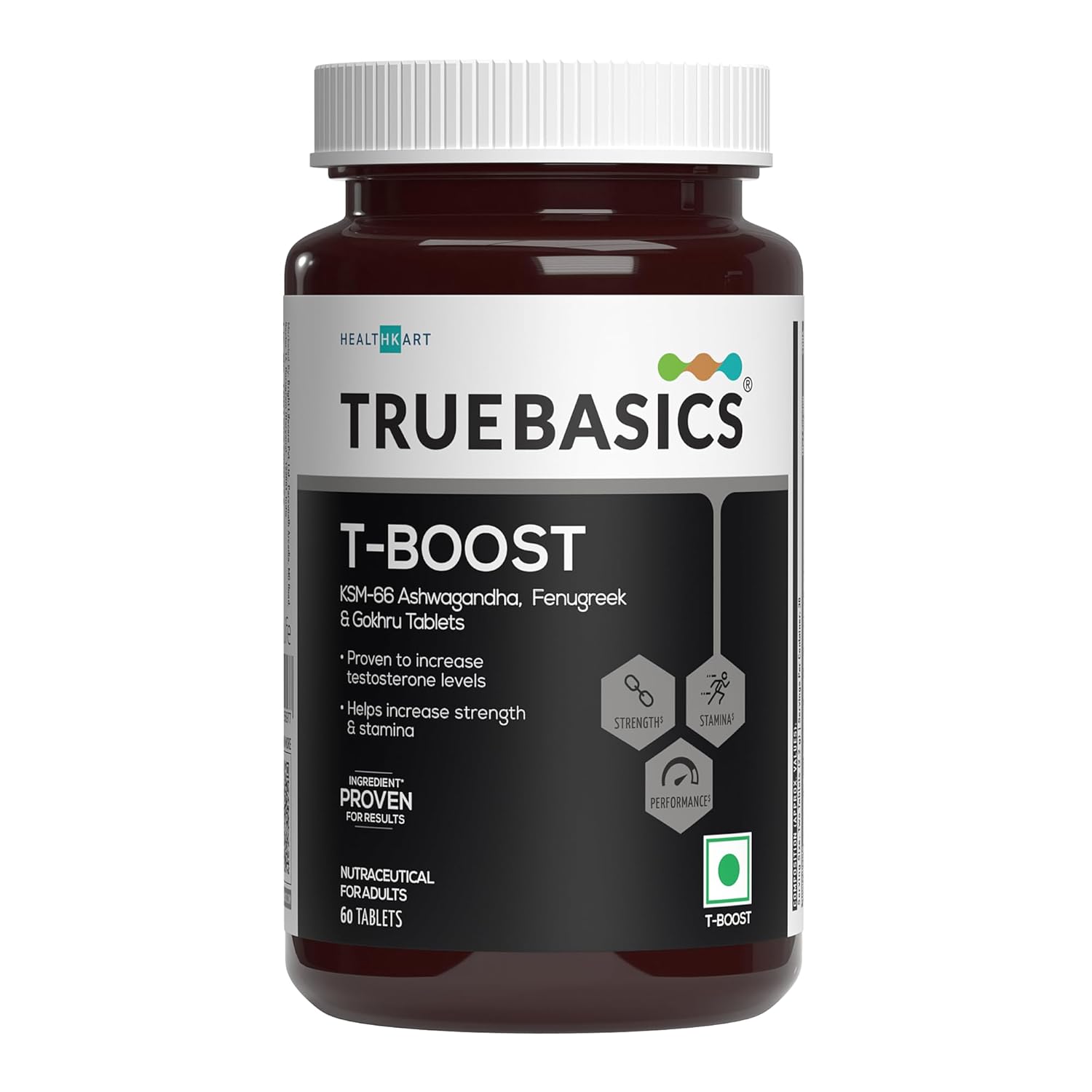 TrueBasics T-Boost, Testosterone Supplement for Men (60 Tablets) | With KSM 66 Ashwagandha, Safed Musli, Gokshura, & Ginseng | For Energy, Stamina & Muscle Strength