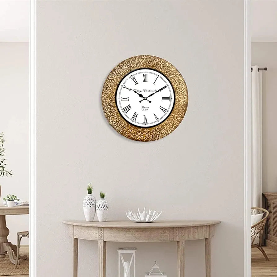 RoyalsCart Emboss Metal Analog Wall Clock Size - 16 X 16 Inches [Ktwc255] Gold Emboss Metal
