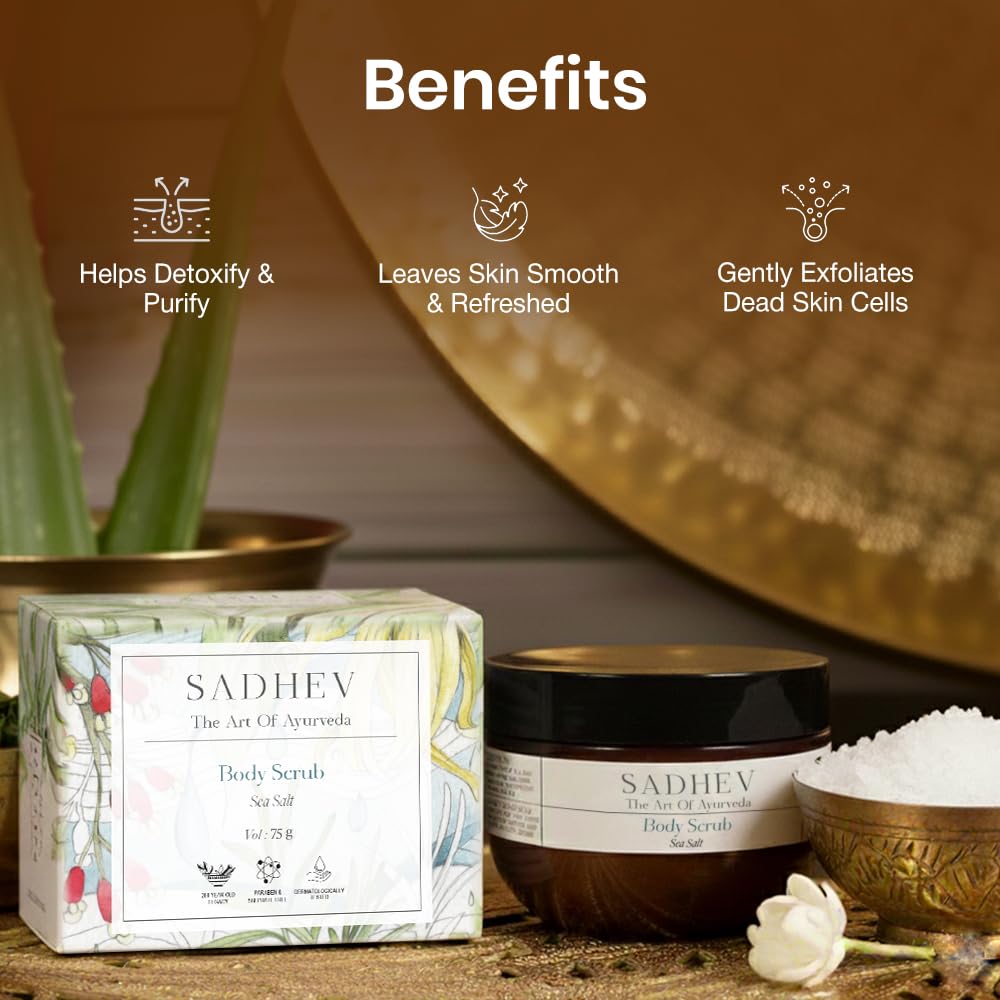 Sadhev Ayurvedic Sea Salt Body Scrub | Exfoliates, Detoxifies & Revitalizes | Enriched with Coconut Oil & Aloe Vera | For Smooth, Radiant Skin | All Skin Types (75g)