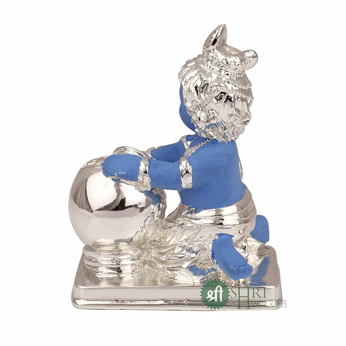 Indicast Hand Carved Silver Plated Laddu Gopal Lord Krishna Idol Sculpture Statue for Home and Office Decor & Gifts