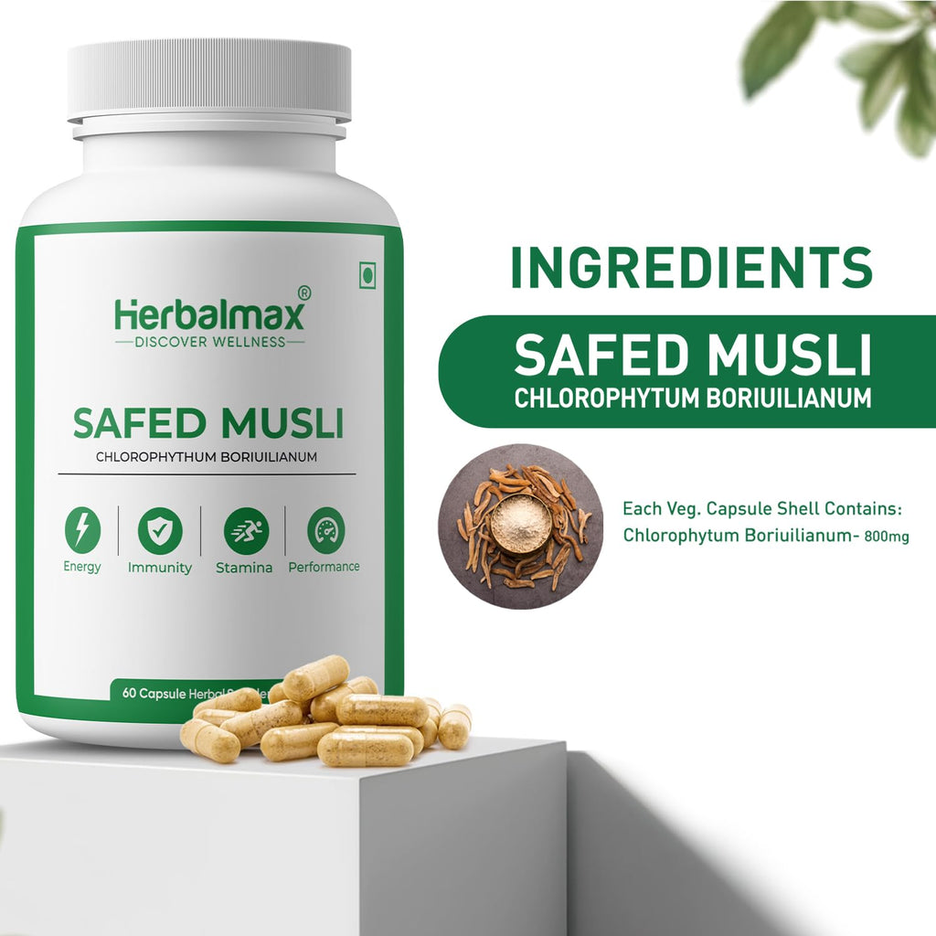 Herbalmax Safed Musli 800mg | With Shilajit, Ashwagandha & Gokshura | Natural Energy, Immunity Boost, Stamina & Stress Relief | Enhances Performance & Body Strength for Men & Women â€“ 60 Veg Capsules