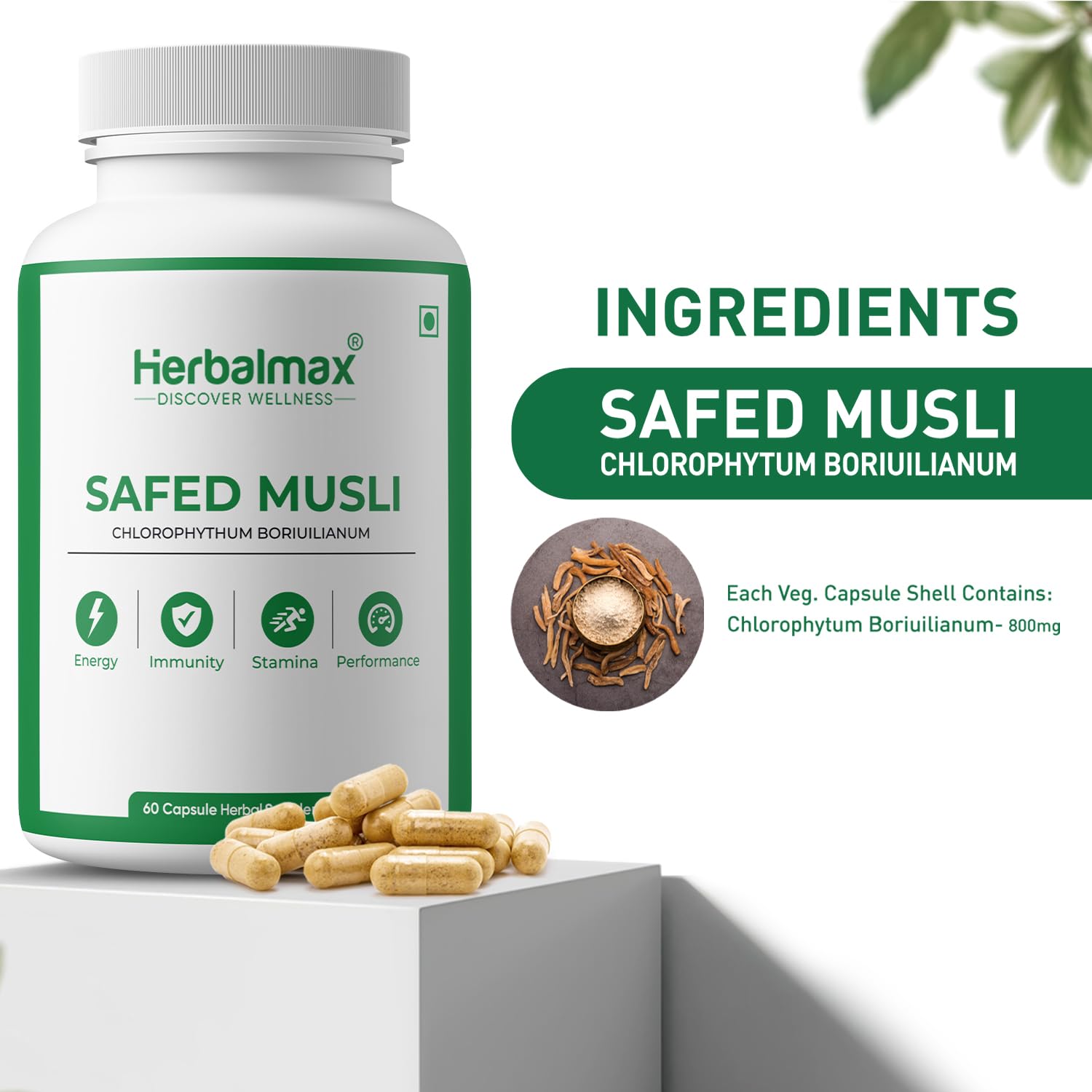 Herbalmax Safed Musli 800mg | With Shilajit, Ashwagandha & Gokshura | Natural Energy, Immunity Boost, Stamina & Stress Relief | Enhances Performance & Body Strength for Men & Women â€“ 60 Veg Capsules