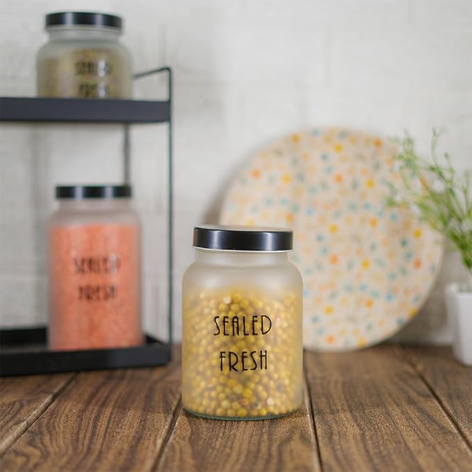 Femora Kitchen Storage Jars Frosted Glass Jar With Steel Lid Air Tight Jar | 1500 Ml | Pack of 4 | Black Lid