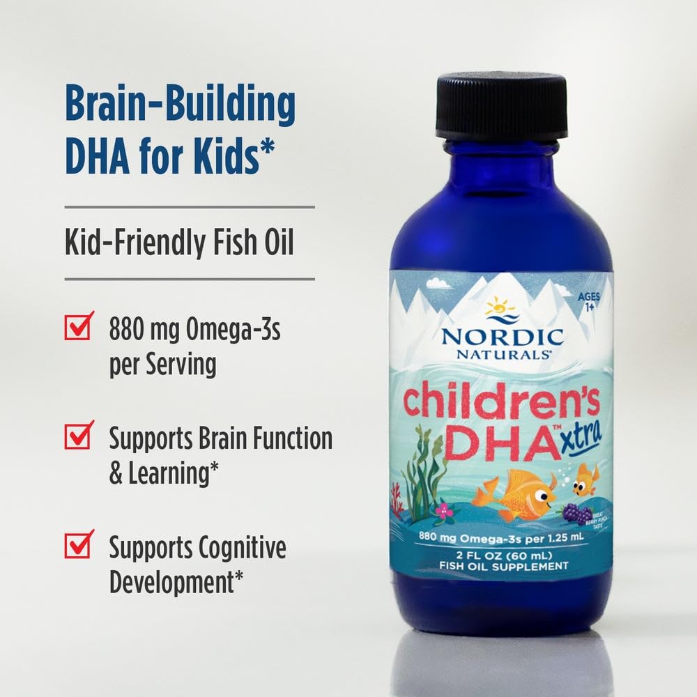 Nordic Naturals Children'S DHA Xtra|880 mg Omega 3 Fish Oil From Arctic Cod Liver Oil|EPA & DHA For Kids Supports Brain Development Kids Ages 1-6 Yrs|Berry Punch Fish Oil (60 ml), 0.14 grams