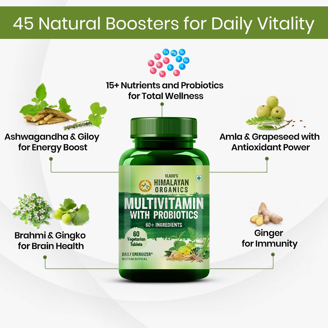 Vladoâ€™s Himalayan Organics Multivitamin Tablets for Men & women With Probiotics - 60+ Ingredients multi Vitamins Supplement For Men And Women | VItamin B1,B2,B3,B5,B6B9,B12,C,E,A,K2,D Magneisum with 5B CFU Probiotic Blends 60 Veg Tablets