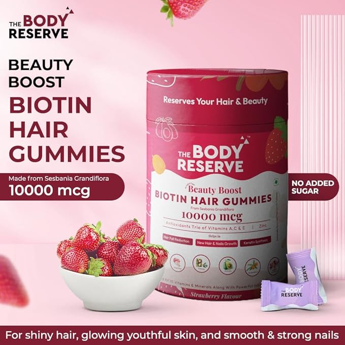 The Body Reserve Biotin Hair Gummies No Added Sugar Strawberry Flavour - 60 Gummies