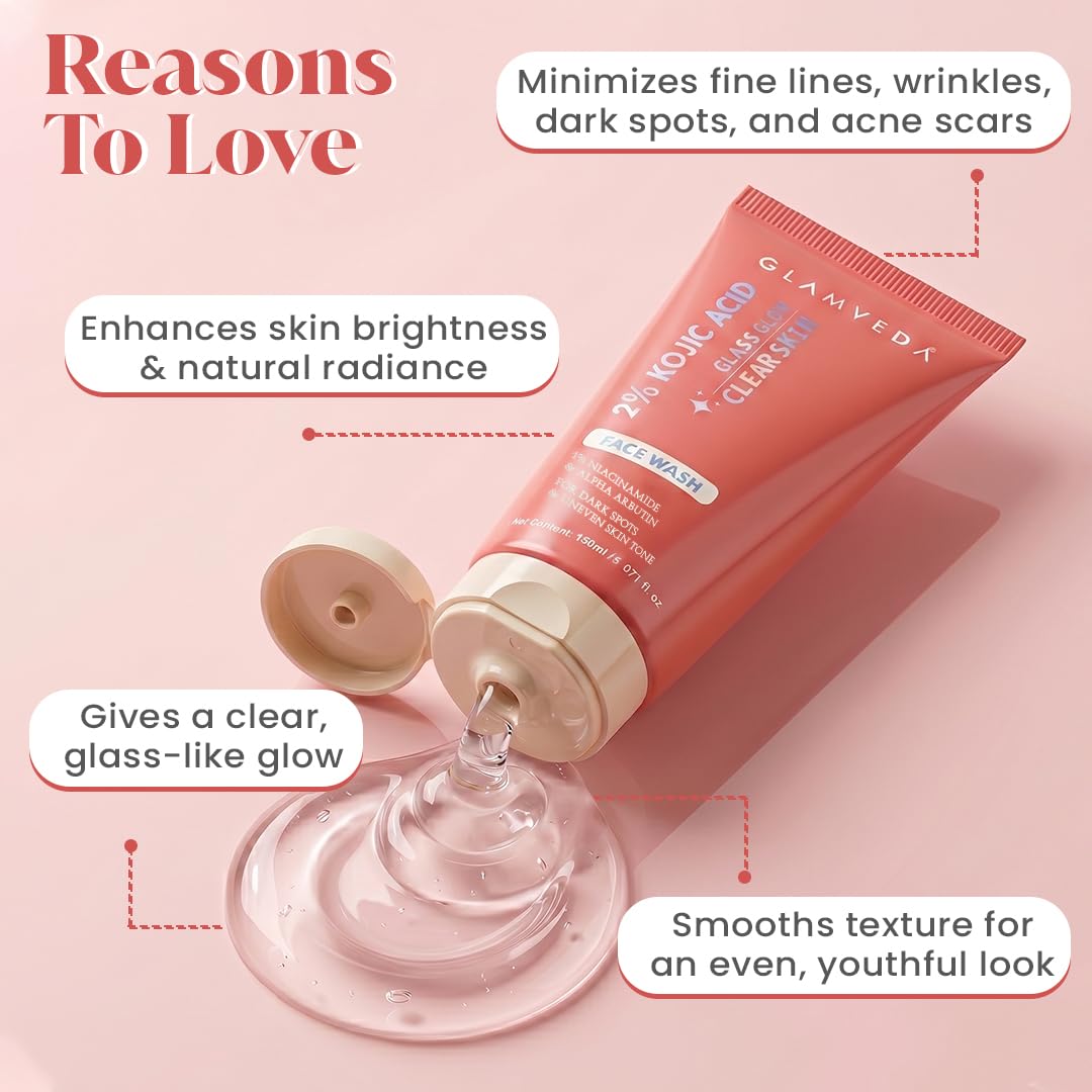 Glamveda 2% Kojic Acid Face Wash 150ml | With Niacinamide & Alpha Arbutin | Reduces Dark Spots, Pigmentation, Uneven Tone & Tan Removal | Cleanses & Skin Brightening | For Women & Men | All Skin Type