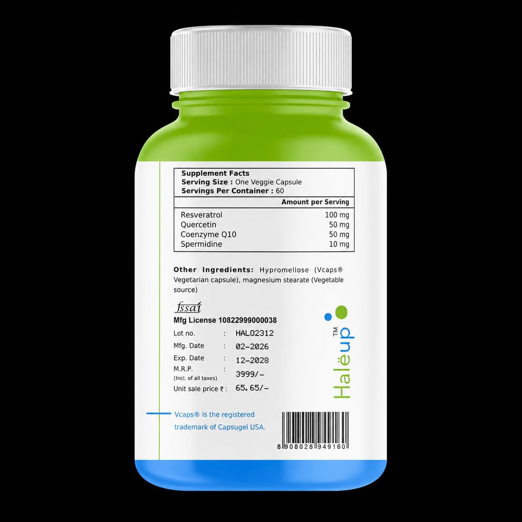 Haleup 99% Spermidine Trihydrochloride with Resveratrol| For Healthy Ageing | Autophagy| Cell Renewal | Immunity| Skin and Hair | Cognitive Support (1 pack X 60s count)