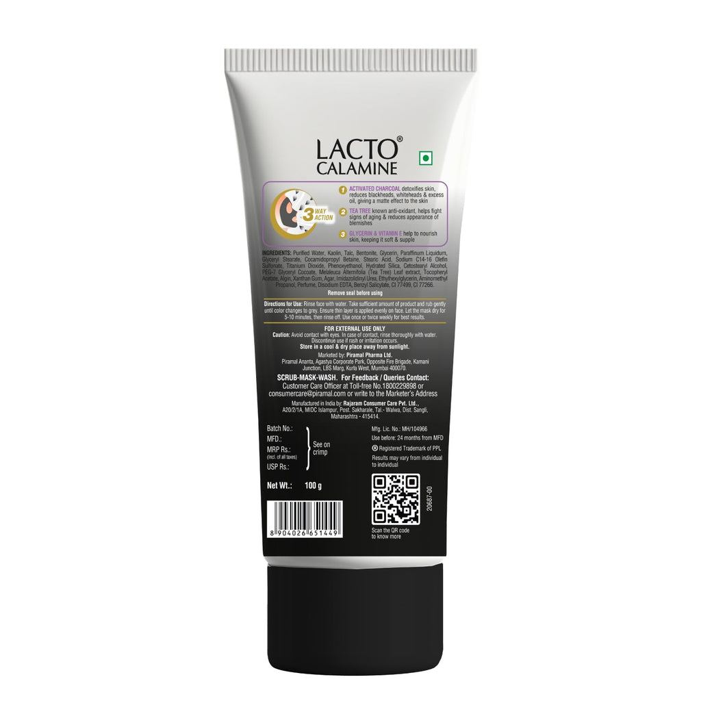 Lacto Calamine 3-in-1 Charcoal Face Scrub-Mask-Wash for Pollution Defence | 100 ml x 1 | Multi-action Encapsulated Charcoal Face Wash, Face Scrub, Face Mask with Kaolin Clay, Tea Tree Oil & Vitamin E
