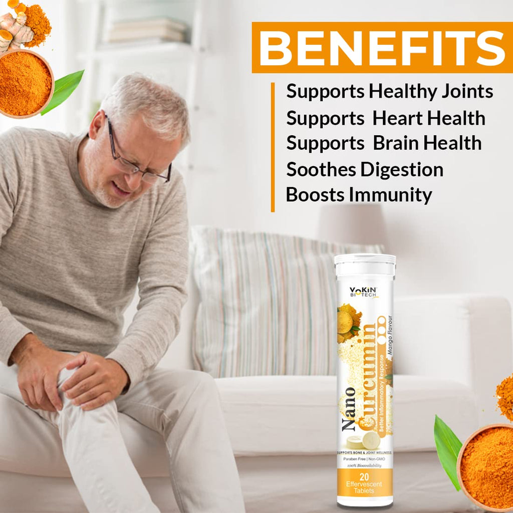 Vokin Biotech India's First Nano Curcumin Support Bone and Joint wellness Mango Flavour 20 Effervescent Tablets