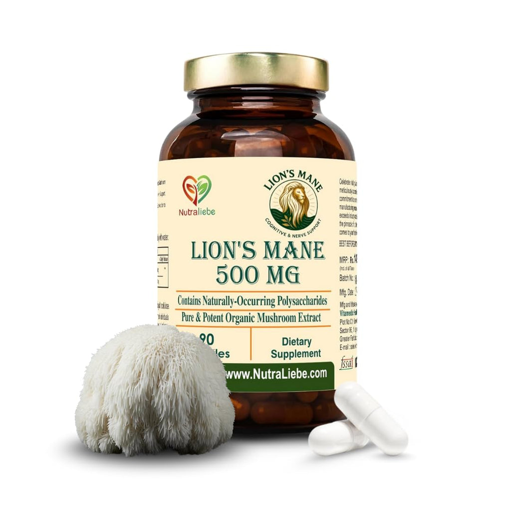 Nutraliebe Lion’s Mane Mushroom Extract 500 mg – Hericium erinaceus Standardized to Beta (1,3)(1,6)-Glucans | Brain Health, Memory & Focus Support | Nerve Growth Factor (NGF) Booster | 90 Vegetarian Capsules | Non-GMO, Gluten-Free