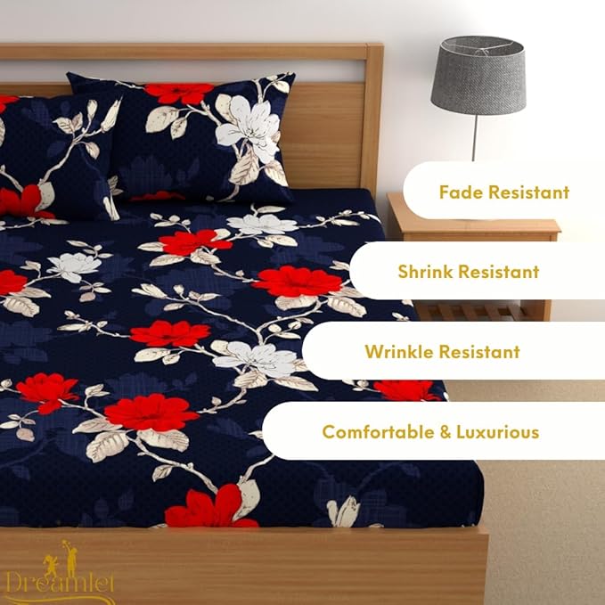 Dreamlet Elastic Fitted Bedsheets Double Bed Size, 180tc Glace Cotton Bedsheet With 2 Pillow Covers | Navy Blue