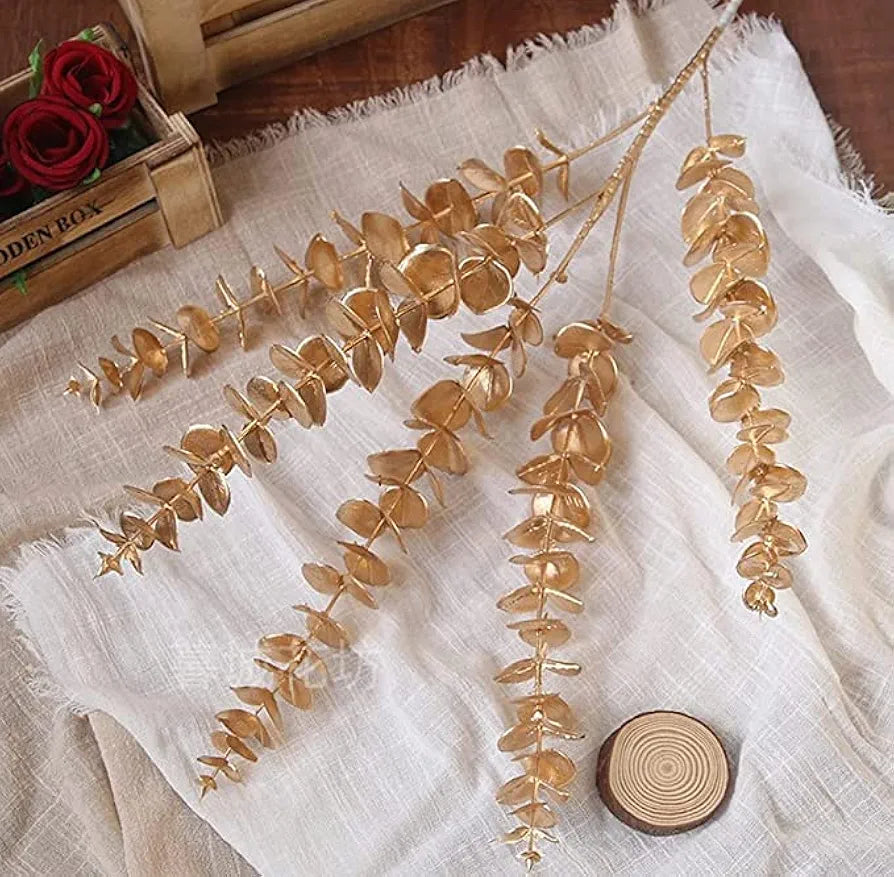 Plastic Artificial Flowers For Decoration Flower Bunch Long Size Eucalyptus Gingko Stick Stem Golden 85 Cm Height