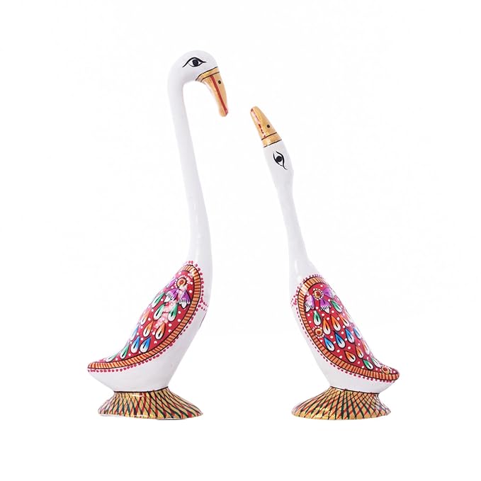 Ecraftindia Loving Swan Couple White Meenakari Metal Figurine