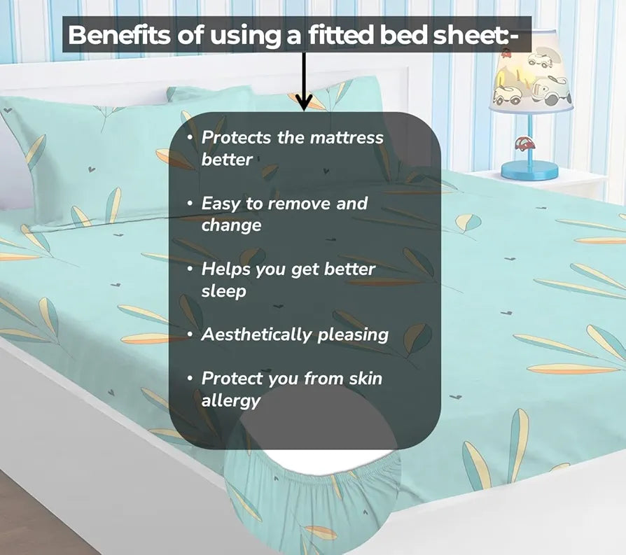 Homekart Premium Cotton Elastic Fitted Bedsheets with 2 King Size Pillow Covers Double Bed with Floral Pattren Aqua Blue 200 tc - 220 tc