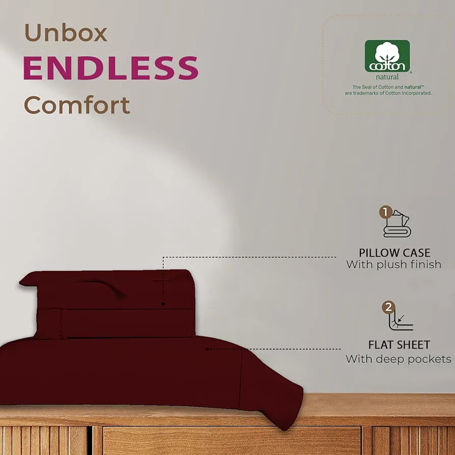 Trance Home Linen 100% Cotton 78x60 inch Queen Elastic Fitted Bedsheet 400TC Premium Queen Double Bed Size Plain with 2 Pillow Covers Colour Maroon